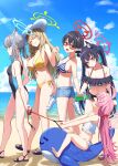  5girls ^_^ ahoge animal_ears ayane_(blue_archive) ayane_(swimsuit)_(blue_archive) barefoot beach bikini black_bikini black_footwear black_hair black_one-piece_swimsuit blonde_hair blue_archive blue_eyes blue_halo blue_ribbon blue_shorts blue_sky bottle breasts brown_eyes closed_eyes closed_mouth cloud collarbone commentary_request cross_hair_ornament day drinking flat_chest frilled_bikini frills glasses green_halo grey_hair hair_ornament hair_ribbon halo higashiharakuni holding holding_bottle holding_clothes holding_footwear hoshino_(blue_archive) hoshino_(swimsuit)_(blue_archive) inflatable_toy inflatable_whale large_breasts legs long_hair looking_at_another medium_breasts multiple_girls navel nonomi_(blue_archive) nonomi_(swimsuit)_(blue_archive) ocean one-piece_swimsuit open_mouth outdoors pink_hair pink_halo pointy_ears red-framed_eyewear red_eyes red_halo ribbon sand sandals serika_(blue_archive) serika_(swimsuit)_(blue_archive) shiroko_(blue_archive) shiroko_(swimsuit)_(blue_archive) shorts side-tie_bikini_bottom sky small_breasts smile soles striped striped_bikini swimsuit toes twintails walking white_bikini white_footwear white_halo yellow_bikini 