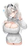  1girl alternate_costume animal_ears arknights aurora_(arknights) bear_ears bear_girl blue_eyes blue_nails blush breasts cleavage cleavage_cutout closed_mouth clothing_cutout commentary grey_hair grey_sweater hair_over_one_eye hand_on_own_chest hand_up heart highres horn/wood huge_breasts long_sleeves medium_hair parted_bangs puffy_long_sleeves puffy_sleeves ribbed_sweater simple_background smile solo sweater turtleneck turtleneck_sweater upper_body v white_background 
