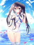 aisha_(elsword) blush braid day elsword eyebrows_visible_through_hair highres holding holding_hair long_hair petals rainbow sky swimsuit twintails water wet xes_(xes_5377) 