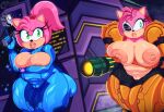 amy_rose anthro areola arm_cannon belly big_areola big_breasts big_nipples bodysuit breast_squish breasts camel_toe clothed clothing cybernetics cyborg duo eulipotyphlan female genitals hair hedgehog hi_res hiding holding_breast lips machine mammal metroid metroid_fusion netflix nintendo nipples pink_hair pussy rusty_rose science_fiction sega skinsuit sonic_prime sonic_the_hedgehog_(series) space squish tenjosan thick_lips tight_clothing topless torn_clothing varia_suit zero_suit