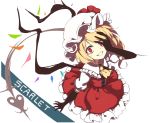  adapted_costume ascot black_gloves blonde_hair character_name covering_one_eye crazy dress elbow_gloves flandre_scarlet frilled_dress frills from_above gloves grin hand_on_own_face hat highres laevatein looking_at_viewer mob_cap neetsr parted_lips puffy_short_sleeves puffy_sleeves red_dress red_eyes short_sleeves side_ponytail smile solo touhou white_background white_hat wings yellow_neckwear 