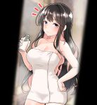  1girl after_bathing black_hair bottle breasts cleavage colored_inner_hair furaggu_(frag_0416) highres holding holding_bottle kantai_collection large_breasts long_hair milk_bottle multicolored_hair naganami_(kancolle) naked_towel pink_hair solo towel two-tone_hair wavy_hair white_towel yellow_eyes 