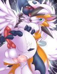  2018 anal anal_penetration balls blush camychan claws digital_media_(artwork) duo dusk_lycanroc feathered_wings feathers green_eyes hi_res knot lycanroc male male/male male_penetrating mega_absol mega_evolution nintendo open_mouth penetration penis pok&eacute;mon pok&eacute;mon_(species) saliva spread_wings video_games wings 