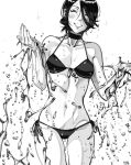  1girl aa2mee bikini breasts chainsaw_man closed_eyes facing_viewer hair_over_one_eye highres monochrome navel reze_(chainsaw_man) side-tie_bikini_bottom small_breasts smile solo swimsuit water water_drop 