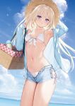  1girl armpits basket bikini blonde_hair blue_sky breasts cloud cloudy_sky collarbone highres holding looking_at_viewer mignon navel ocean original short_shorts shorts simple_background sky small_breasts solo stomach swimsuit water 