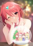  ;) alternate_costume bare_shoulders blush christmas christmas_tree core_crystal_(xenoblade) daive elbow_on_table hat highres looking_at_viewer mythra_(xenoblade) nia_(xenoblade) one_eye_closed pyra_(xenoblade) red_eyes red_hair rex_(xenoblade) ribbed_sweater santa_hat short_hair sleeveless sleeveless_sweater smile snow_globe sweater swept_bangs tiara turtleneck turtleneck_sweater xenoblade_chronicles_(series) xenoblade_chronicles_2 