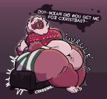 alien ambiguous_gender anthro bedroom_eyes belly belly_overhang belly_squish big_belly big_breasts big_butt breasts bulge butt canid canine canis chow_chow christmas clothing cossi cozy_morales creaking dialogue domestic_dog furniture greeting groan hi_res holidays huge_thighs hyper hyper_belly hyper_thighs long_tongue mammal misteltoe muscular_thighs narrowed_eyes navel null_bulge obese obese_anthro onomatopoeia overweight overweight_anthro rumbling_stomach seductive slightly_chubby sofa solo sound_effects spitz squish text thick_thighs tongue tongue_out wardrobe_malfunction wide_hips