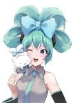  &gt;_&lt; 1girl absurdres blue_bow blue_eyes blue_hair blue_necktie blush bow cinnamiku cinnamoroll collared_shirt detached_sleeves eyelashes folded_twintails frilled_shirt_collar frills grey_shirt hair_bow hatsune_miku highres necktie one_eye_closed open_mouth painapo sanrio shirt tied_ears upper_body vocaloid white_background 