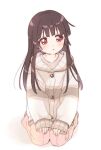  1girl black_hair brown_stripes buttons collarbone expressionless grey_shirt highres hime_cut hood hooded_sweater kneeling long_hair looking_to_the_side matsumoto_rise namori open_mouth pants pink_pants pleated_pants red_eyes shadow shirt simple_background sleeves_past_wrists solo striped striped_sweater sweater white_background white_sweater yuru_yuri 