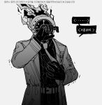  1other belt clock collared_shirt cowboy_shot dante_(limbus_company) fire greyscale hands_up highres korean_text limbus_company long_sleeves maskv monochrome object_head pants project_moon shirt solo speech_bubble sweat translation_request wing_collar 
