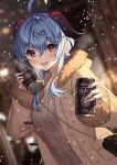  1girl :d ahoge aile_(crossroads) aran_sweater bag blue_hair blurry blurry_background blush breasts brown_coat cable_knit can can_to_cheek canned_coffee choker coat collarbone commentary_request depth_of_field drink_can duffel_bag fur-trimmed_coat fur-trimmed_sleeves fur_trim ganyu_(genshin_impact) genshin_impact grey_sweater hair_between_eyes hair_intakes highres holding holding_can horns long_hair long_sleeves looking_at_viewer medium_breasts open_clothes open_coat red_eyes shoulder_bag smile snowing solo sweater white_choker 