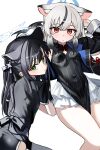  2girls animal_ear_fluff animal_ears arm_support black_coat black_dress black_hair blue_archive china_dress chinese_clothes coat commentary_request dress frilled_skirt frills gradient_hair green_eyes grey_hair hair_between_eyes halo head_tilt highres kokona_(blue_archive) long_hair long_sleeves looking_at_viewer low_twintails luicent multicolored_hair multiple_girls open_clothes open_coat orange_eyes pelvic_curtain shaft_look short_sleeves shun_(blue_archive) shun_(small)_(blue_archive) siblings sidelocks simple_background sisters sitting skirt sleeveless streaked_hair tiger_ears twintails two-tone_hair white_background white_skirt 