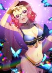  1girl :d animal arm_up bangle bikini black-framed_eyewear black_bikini blurry blurry_foreground bracelet breasts bug butterfly cleavage commentary_request commission depth_of_field forehead_jewel glasses jewelry kou_hiyoyo large_breasts looking_at_viewer mole mole_under_mouth mouth_veil navel original parted_bangs purple_eyes red_hair see-through shawl skeb_commission smile solo standing standing_on_one_leg swimsuit veil 