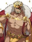  1boy abs balor_(housamo) bara bare_pectorals belt black_hair blonde_hair bulge cape celtic_knot cowboy_shot crown eyepatch fangs flaming_eye fur-trimmed_cape fur_trim gold_trim highres male_focus male_underwear mature_male multicolored_hair muscular muscular_male navel nizitaro official_alternate_costume pectorals red_cape scar scar_on_arm scar_on_chest short_hair solo sparkle sparse_chest_hair strongman_waist tokyo_afterschool_summoners two-tone_beard two-tone_hair underwear white_background wrist_cuffs yellow_male_underwear 