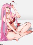 1girl absurdres alternate_costume artist_name barefoot bikini collarbone darling_in_the_franxx feet full_body green_eyes grey_background hairband hand_on_own_leg hand_up highres holding_hairband indian_style l4wless legs lips long_hair looking_at_viewer nail_polish on_ground pentagram pink_hair red_bikini red_nails sidelocks sitting solo swimsuit toenail_polish toenails toes twitter_username very_long_hair white_hairband zero_two_(darling_in_the_franxx) 