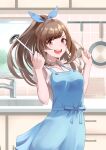  1girl absurdres apron blue_apron blue_bow bow brown_eyes brown_hair frying_pan highres holding holding_ladle idolmaster idolmaster_shiny_colors kitchen ladle long_hair looking_at_viewer open_mouth painapo ponytail shirt sink solo spatula teeth tsukioka_kogane upper_teeth_only white_shirt 