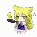  1girl animal_ear_fluff animal_ears blonde_hair blush blush_stickers chibi closed_mouth cooking dress food fox_ears fox_girl fox_tail frilled_dress frills frying_pan full_body fumo_(doll) holding holding_frying_pan kitsune kyuubi long_sleeves multiple_tails no_headwear pancake puff_of_air simple_background socks solo standing tabard tail touhou white_background white_dress white_socks yakumo_ran yakumora_n yellow_eyes 