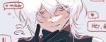  1boy a_date_with_death bishounen black_gloves blush casper_(a_date_with_death) english_text gloves highres kkopa1712486 long_hair male_focus red_eyes simple_background solo speech_bubble sweat white_hair 