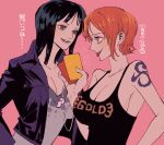  2girls :p arm_tattoo black_hair black_tank_top blue_eyes breasts brown_eyes card cleavage collarbone commentary_request highres holding holding_card holding_whistle jacket large_breasts long_sleeves looking_at_another medium_hair multiple_girls nami_(one_piece) nico_robin nsgw one_piece orange_hair red_card short_hair smile tank_top tattoo teeth tongue tongue_out translation_request whistle yellow_card 
