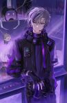  1boy absurdres character_doll commentary cowboy_shot crane_game fingerless_gloves frown fuwa_minato fuwa_minato_(1st_costume) gloves grey_hair highres jacket kawausoman looking_to_the_side male_focus microphone multicolored_hair nijisanji pants purple_eyes purple_gloves purple_hair purple_jacket purple_pants purple_shirt purple_theme shirt solo streaked_hair virtual_youtuber 