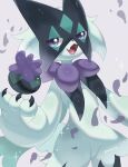  alternate_color animal_focus artist_name claws commentary fang green_fur grey_background highres iwasi_29 meowscarada no_humans open_mouth petals pokemon pokemon_(creature) purple_eyes shiny_pokemon simple_background skin_fang symbol-only_commentary twitter_username 