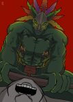 abs absurd_res anthro biceps duo glowing glowing_eyes green_body hi_res lihzahrd lizard male mask muscular muscular_anthro muscular_male ok_depth pecs reptile scalie sharp_teeth skull_mask teeth terraria vein veiny_muscles witch_doctor_(terraria) yellow_eyes