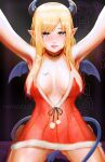  1girl absurdres arms_up bat_tattoo black_choker black_horns blonde_hair blue_eyes breast_tattoo breasts choker commentary_request demon_girl demon_horns demon_tail demon_wings dress english_commentary fur-trimmed_dress fur_trim highres hololive horn_ornament horn_ring horns kneeling large_breasts long_hair looking_at_viewer mixed-language_commentary pointy_ears red_dress regiism single_sidelock solo swept_bangs tail tattoo virtual_youtuber wings yuzuki_choco 