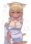  1girl :p absurdres after_bathing ahoge animal_ear_fluff animal_ears animal_print bathing blonde_hair blush breasts cat_ears cat_girl cat_tail cleavage gyaru highres holding holding_towel hololive kazusa_(k4zus4) leopard_print looking_at_viewer multicolored_hair naked_towel nekomata_okayu one-piece_tan purple_eyes purple_hair short_hair smile steam tail tan tanlines tongue tongue_out towel two-tone_hair virtual_youtuber wet white_towel 
