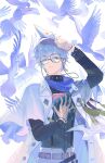  1boy absurdres bird blue_hair blue_scarf buttoned_cuffs chain cloak cowboy_shot dove earrings fishnet_gloves fishnets glasses gloves green_eyes highres holding holding_letter ike_eveland jewelry letter looking_at_viewer love_letter male_focus nijisanji nijisanji_en octagonal_eyewear scarf short_hair smile solo tassel turtleneck white_background white_cloak yao_huang_buxiang_bei_kuai_zhuan 