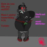 absurd_res big_breasts black_body black_fur black_hair bovid breasts caprine clothed clothing curvy_figure demon english_text fur glowing glowing_eyes goat hair hi_res hooves horn huge_breasts lipstick makeup mammal mistletoe plant red_eyes red_lipstick succubusbnny text thick_thighs voluptuous wide_hips