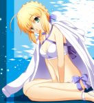  ahoge artoria_pendragon_(all) artoria_pendragon_(swimsuit_archer) between_legs bikini blonde_hair blue_bow blue_ribbon bow breasts cimeri cleavage eyebrows_visible_through_hair fate/grand_order fate_(series) food from_side green_eyes hair_between_eyes hair_ribbon halterneck hand_between_legs head_tilt ice_cream looking_at_viewer medium_breasts mouth_hold ribbon sidelocks sitting solo swimsuit white_bikini 