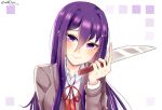  artist_name commentary dated doki_doki_literature_club english_commentary eyebrows_visible_through_hair flow_ech hair_ornament hairclip head_tilt holding holding_knife knife long_hair looking_at_viewer purple_eyes purple_hair school_uniform simple_background smile solo upper_body white_background yuri_(doki_doki_literature_club) 