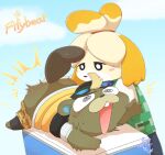animal_crossing anthro backwards_hat beaver blush bottomwear bottomwear_down brown_body brown_fur buckteeth butt butt_slap c.j._(animal_crossing) canid canine canis clothed clothing domestic_dog duo female fur hat headgear headwear isabelle_(animal_crossing) male mammal mizu_(pixiv) nintendo pants pants_down partially_clothed rodent slap spanking teeth toy_dog yellow_body yellow_fur