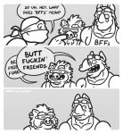  ? anthro bebop clothing comic crazy-go-lucky_(artist) dialogue duo ear_piercing english_text eyewear facial_piercing frown goggles greyscale horn humor male mammal monochrome muscular muscular_male nose_piercing nose_ring piercing porcine rhinoceros rocksteady shirt smile speech_bubble stated_homosexuality tank_top teenage_mutant_ninja_turtles text toony warthog 