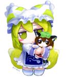  2girls :&lt; absurdres animal_ears artist_name blonde_hair blush_stickers brown_eyes brown_hair chen chibi double-parted_bangs expressionless fox_ears fox_tail frills full_body fumo_(doll) green_headwear grumpy hair_between_eyes hat highres holding jitome mob_cap multiple_girls multiple_tails nekomata revision short_hair simple_background size_difference standing tail touhou two_tails white_background white_headwear yakumo_ran yakumora_n yellow_eyes 