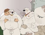2023 anal anthro balls belly big_belly black_nose blush bodily_fluids brian_griffin canid canine canis domestic_dog duo erection family_guy fur genitals groping_from_behind group group_sex human human_on_anthro interspecies kemono male male/male mammal moob_grab moobs nipples oral overweight overweight_male penis peter_griffin qqmelon888 sex sweat white_body white_fur