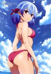  1girl absurdres ahoge ass bikini blue_hair breasts cloud hair_ribbon highres looking_at_viewer magazine_scan medium_breasts megami_magazine official_art outdoors ribbon ruti_ragnason scan shin_no_nakama_janai_to_yuusha_no_party_wo_oidasareta_no_de_henkyou_de_slow_life_suru_koto_ni_shimashita side-tie_bikini_bottom sideboob sky swimsuit thighs 