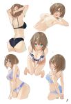  1girl ;p absurdres aogiri_koukou arms_behind_back arms_behind_head ass barefoot between_legs black_bra black_panties blue_bra blue_panties bra breasts brown_hair cleavage floral_print green_eyes hand_between_legs heart heart-shaped_pupils highres kkix25 kurikoma_komaru large_breasts median_furrow motion_lines navel one_eye_closed panties pink_pupils short_hair signature star_(symbol) symbol-shaped_pupils tongue tongue_out underwear virtual_youtuber white_bra 