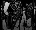  1boy animal_head blood bug butterfly butterfly_on_hand coat cowboy_shot extra_arms funeral_of_the_dead_butterflies gloves greyscale highres lobotomy_corporation long_sleeves male_focus maskv monochrome pointing pointing_at_viewer project_moon solo vest 