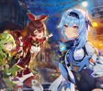  3girls amber_(100_outrider)_(genshin_impact) amber_(genshin_impact) baggy_clothes black_hairband black_shirt blue_cape blue_hair blue_necktie blurry blurry_background blush brown_hair cape capelet christmas closed_mouth clothing_cutout collei_(genshin_impact) crossed_bangs eula_(genshin_impact) european_architecture full_moon genshin_impact gloves goggles goggles_around_neck green_capelet green_hair hair_ornament hair_ribbon hairband high-waist_shorts highres long_hair looking_ahead looking_at_viewer medium_hair moon multiple_girls necktie night night_sky open_mouth oririn08 pointing purple_eyes reaching reaching_towards_viewer red_hairband red_ribbon red_shorts ribbon shirt shorts shoulder_cutout sidelocks sky smile snow teeth town two-tone_gloves upper_teeth_only vision_(genshin_impact) wavy_hair white_gloves yellow_eyes 