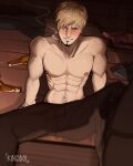  1boy abs bara beard blonde_hair blurry blush bottle collarbone curly_eyebrows depth_of_field english_commentary facial_hair highres indoors kingidol looking_at_viewer male_focus muscular muscular_male navel_hair nipples one_piece pants pectorals sanji_(one_piece) signature sitting smile smoking solo topless_male veins veiny_arms wooden_floor 
