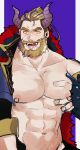  1boy abs absurdres bara beard bergamond_(crave_saga) chest_hair collarbone colored_sclera crave_saga demon_horns elbow_gloves eyebrow_cut facial_hair fingerless_gloves gloves grabbing highres horns jewelry large_pectorals long_hair looking_at_viewer male_focus mature_male multicolored_hair muscular muscular_male naughty_face navel_hair nipple_piercing nipple_rings official_alternate_costume open_clothes pectoral_grab pectorals piercing ponytail purple_background purple_hair smile solo thick_eyebrows thick_mustache tongue tongue_out two-tone_hair unfinished usuki_(usukine1go) yellow_eyes yellow_sclera 