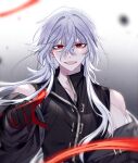  1boy a_date_with_death bare_shoulders bishounen black_gloves casper_(a_date_with_death) coat gloves highres jacket long_hair male_focus open_mouth red_eyes sanfangzhu58831 simple_background sleeveless solo toned toned_male upper_body white_hair 