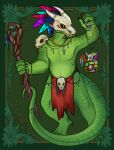 absurd_res anthro ariibees bone bottomwear clothing green_body green_scales hi_res lihzahrd lizard loincloth male mask orange_eyes reptile scales scalie skull skull_mask solo staff tail terraria