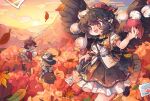  3girls :d autumn_leaves black_hair black_headwear black_skirt black_wings blonde_hair bow bright_pupils broom camera cirno cloud commentary_request frilled_skirt frills hair_bow hair_tubes hakurei_reimu hat highres holding holding_notebook kirisame_marisa kochiya_sanae leaf mame_komari multiple_girls notebook open_mouth outdoors photo_(object) pointy_ears pom_pom_(clothes) red_eyes red_headwear shameimaru_aya short_hair skirt smile tokin_hat touhou twitter_username watermark white_pupils wings witch_hat 