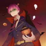  1boy artist_name bat_(animal) belt cape ghost hair_ornament halloween highres jack-o&#039;-lantern jacket looking_at_viewer male_focus necktie pink_hair saiki_kusuo saiki_kusuo_no_psi_nan short_hair solo tinted_eyewear tsubasa_(magicqiqi) 