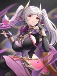  1girl absurdres bodystocking breasts bridal_gauntlets cape cleavage commentary_request covered_navel fire_emblem fire_emblem_awakening fire_emblem_heroes gonzarez grey_hair grima_(fire_emblem) grin highres large_breasts long_hair looking_at_viewer official_alternate_costume parted_lips purple_cape red_eyes robin_(female)_(fell_tactician)_(fire_emblem) robin_(female)_(fire_emblem) robin_(fire_emblem) see-through see-through_cleavage sideboob sitting smile solo twintails 