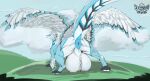 anus blue_anus cloud dragon feathered_dragon feathers feral fur furred_dragon genitals hi_res huge_thighs hyper hyper_genitalia male muscular puffy_anus raised_tail solo spacedragonstyle_(artist) tail teck thick_thighs white_body