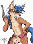 achshalzaab animal_genitalia anthro balls canid canine canis clothing cowboy_hat genitals gun hair handgun hat headgear headwear hi_res jackal joskeban looking_at_viewer male mammal nude penis piercing pinup ponytail pose rallo_(death_dog) ranged_weapon revolver sheath solo traditional_media_(artwork) weapon