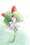  animal_focus artist_name colored_skin commentary_request crossed_legs gradient_background green_background green_hair highres kirlia no_humans pokemon pokemon_(creature) red_eyes remedy_matome simple_background standing twitter_username two-tone_background white_background white_skin 